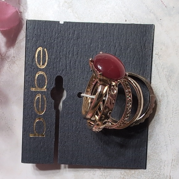 Bebe Red Stone and Gold Stackable Ring Set Size 8 - Picture 5 of 8